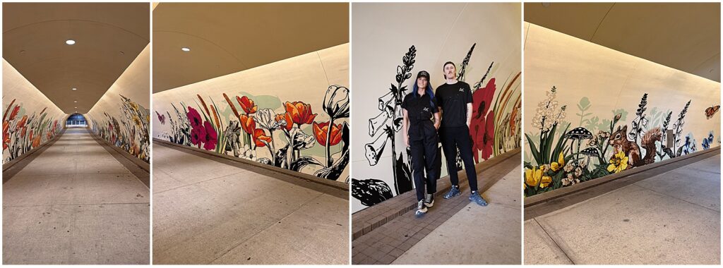 A colorful floral garden mural in a tunnel at the Dallas Arboretum by Texas muralist Alli K Design