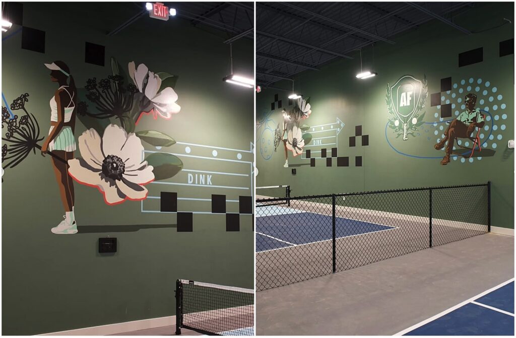 A mural of people playing pickleball at At Fault in Dallas, painted by Alli K Design