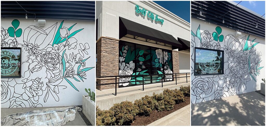 Black, white, and teal murals with floral designs at Buff City locations in Texas, painted by Alli K Design