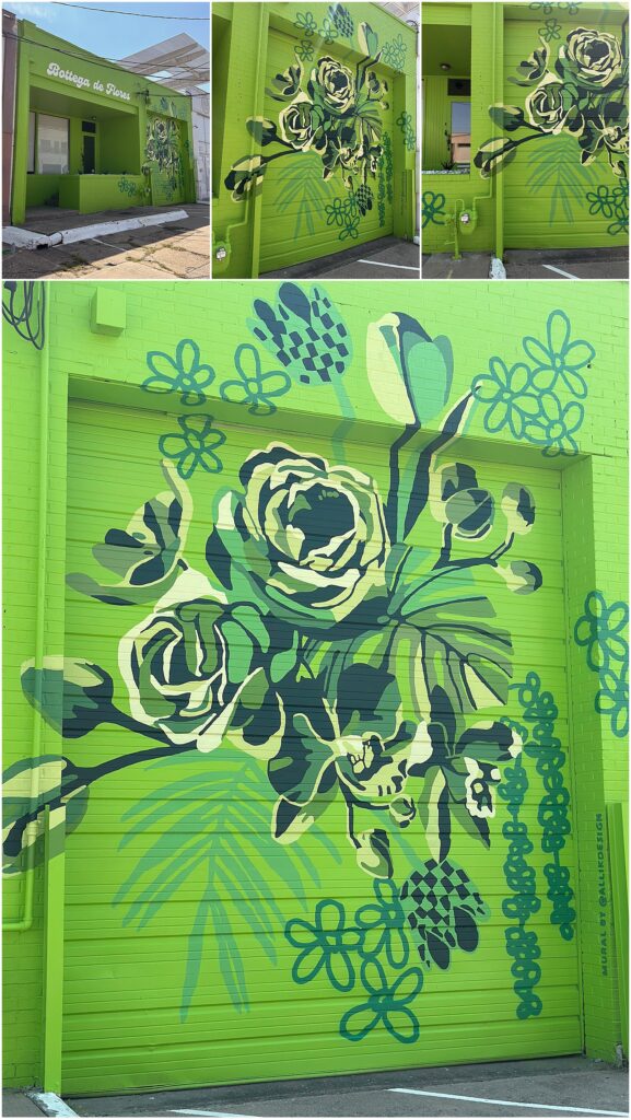 A green floral mural by Texas muralist Alli K Design
