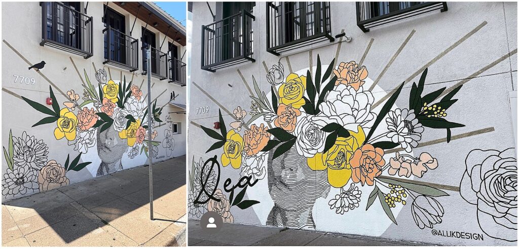 Mural of a goddess with colorful flowers in her head by Alli K Design
