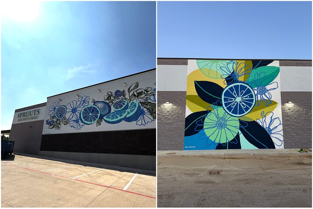 A blue and green citrus mural at a Sprouts in Dallas, TX by Alli K Design