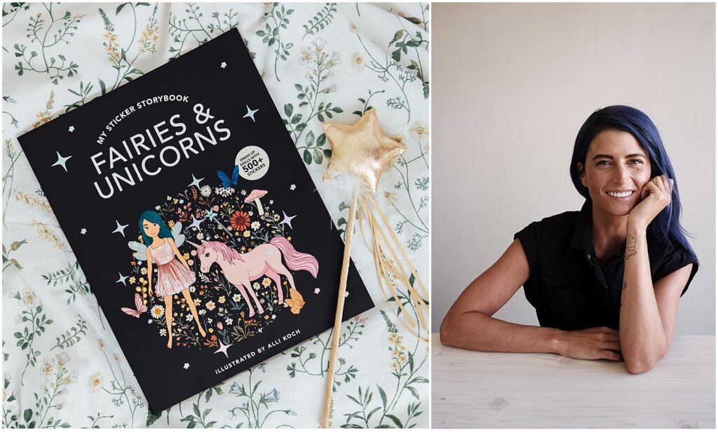 Dallas artist Alli Koch and her latest sticker book, My Fancy Sticker Storybook: Fairies & Unicorns