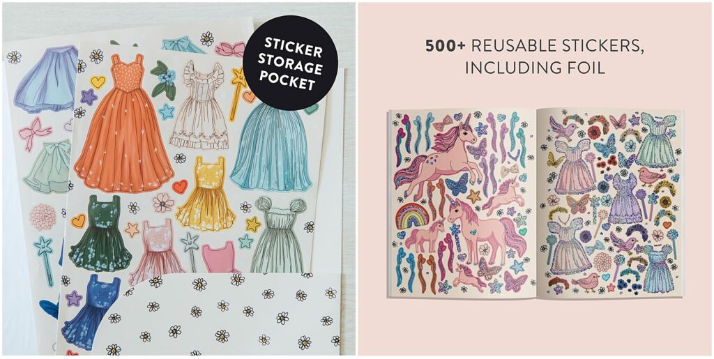 Inside the pages of the sticker book, My Fancy Sticker Storybook: Fairies & Unicorns by Alli Koch