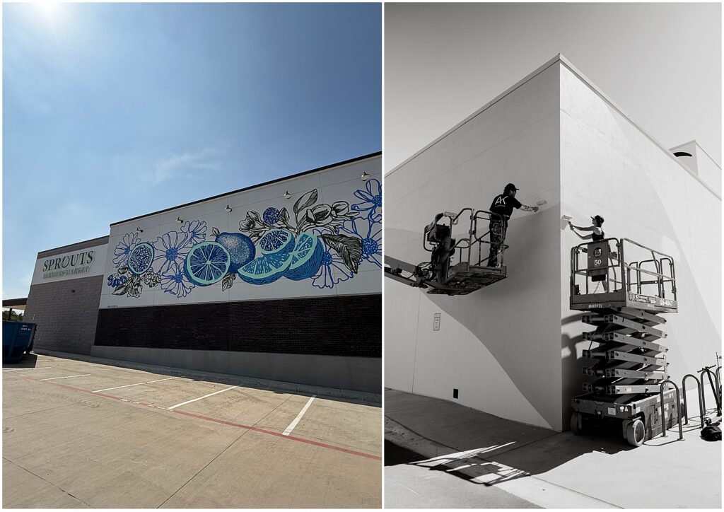 Alli K Design painting a commercial mural in Dallas, TX
