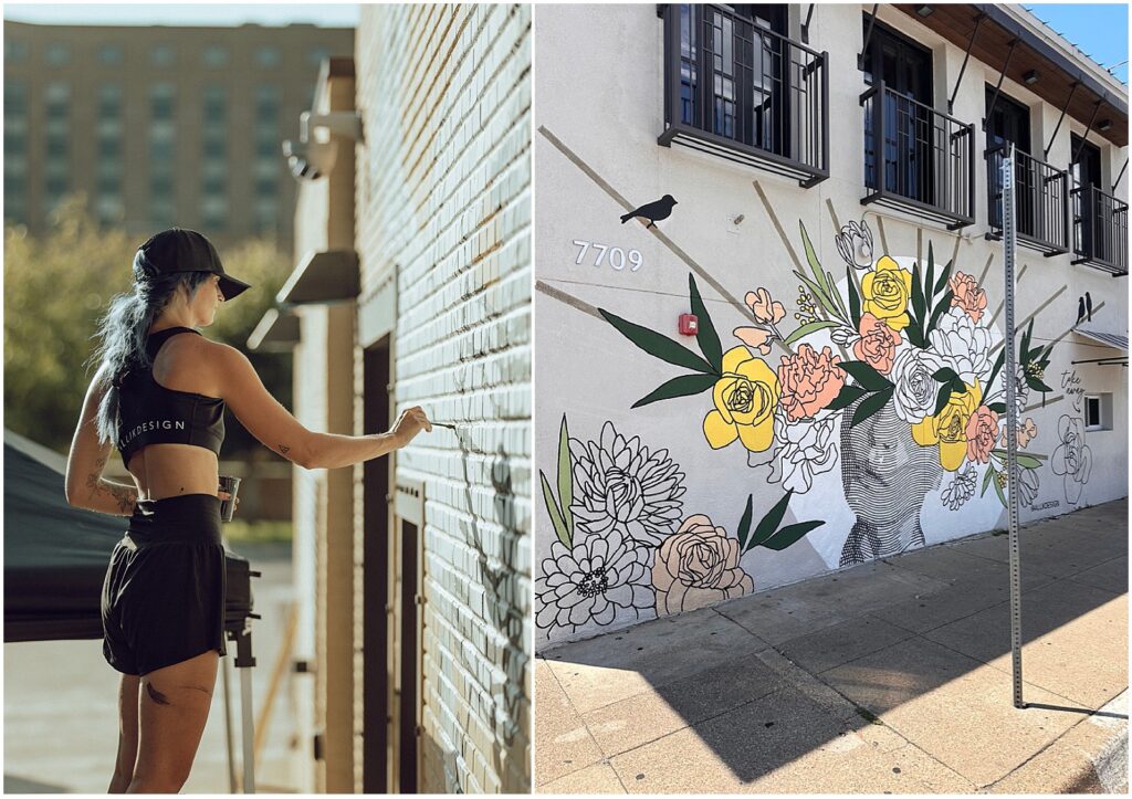 Alli Koch of Alli K design painting a commercial mural in Dallas, TX