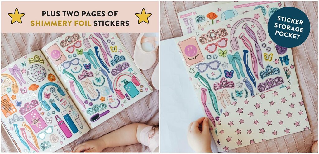 Details of the new reusable sticker book, My Fancy Sticker Storybook: Dance Recital by Alli Koch