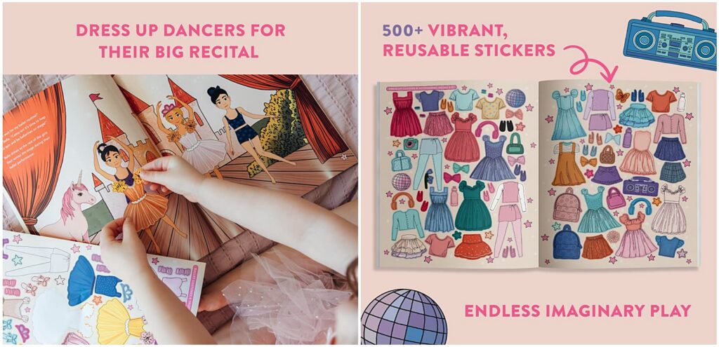 Inside the new reusable sticker book called My Fancy Sticker Story Book: Dance Recital by Alli Koch