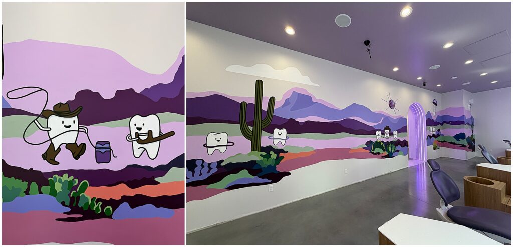 An Austin mural in an orthodontist office painted by Dallas artist Alli K Design