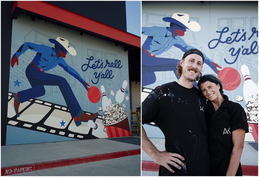 Alli K Design painting a mural for Cinemark Gamescape in Greenville, TX